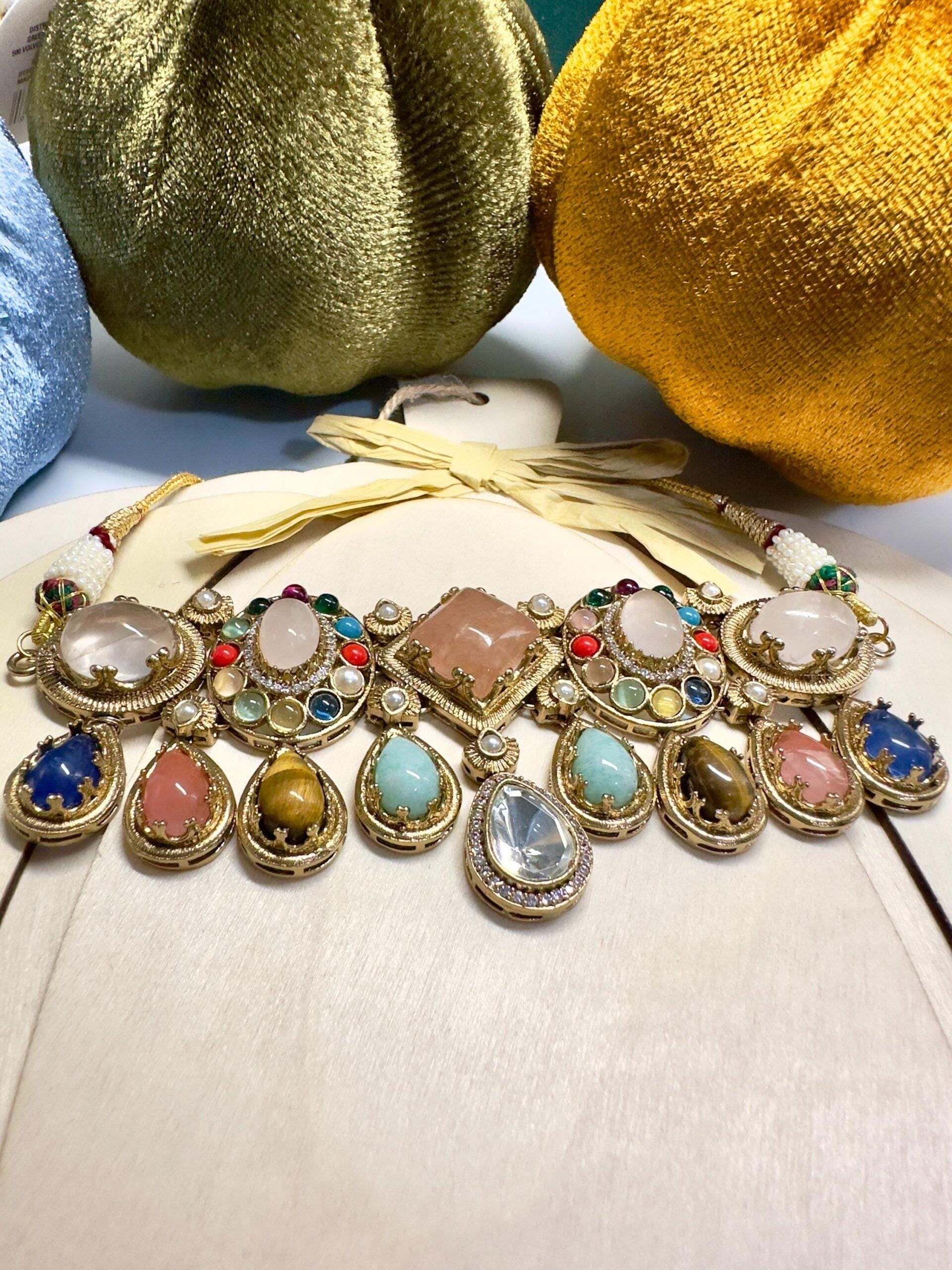 Kundan Necklace Set – Multicolor Stone & Pearl Indian Jewelry