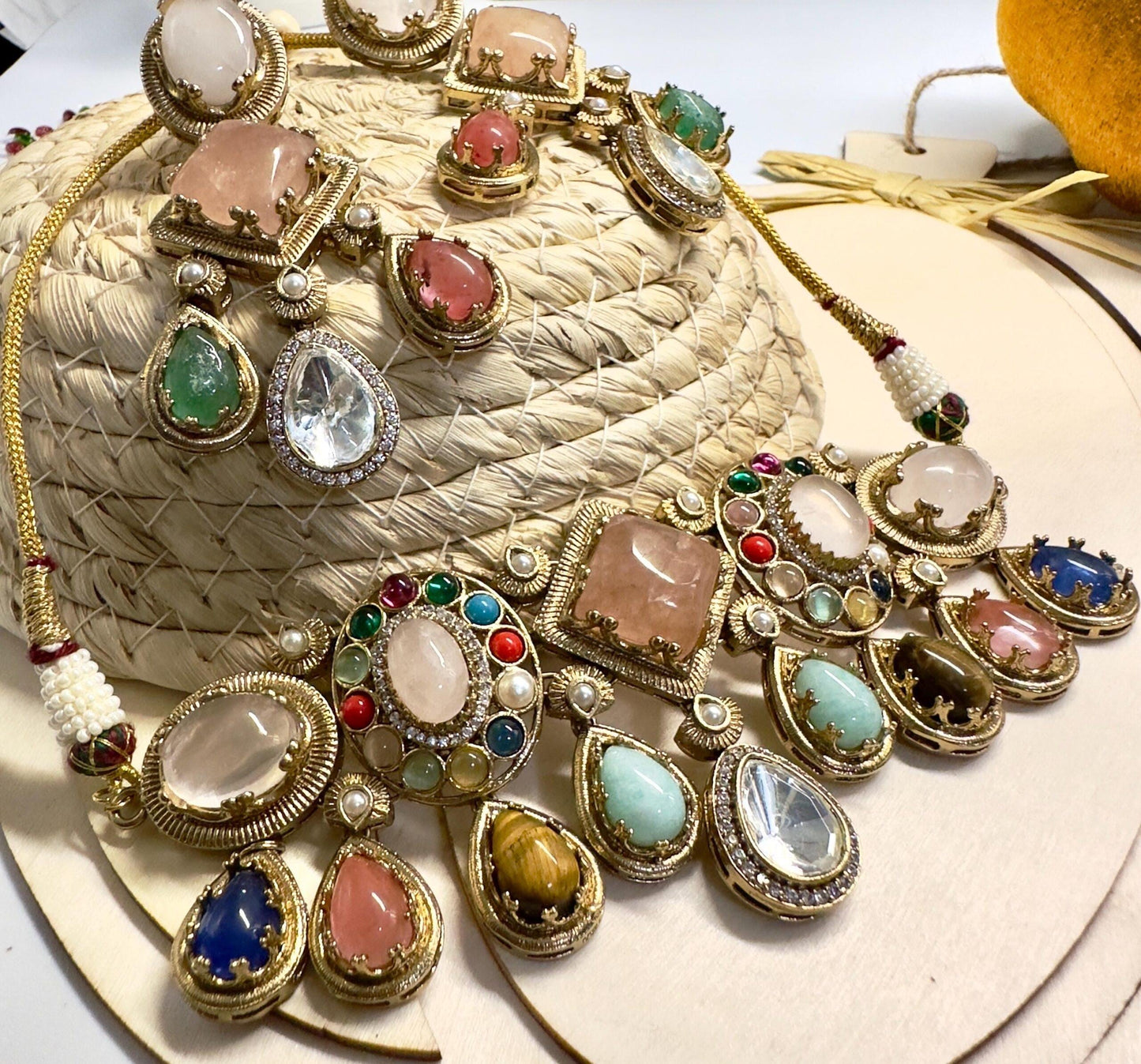 Kundan Necklace Set – Multicolor Stone & Pearl Indian Jewelry