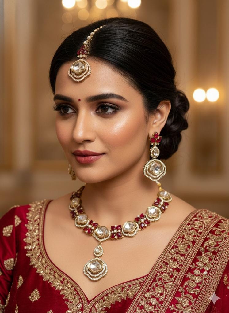 Kundan Bridal Jewelry Set | Red Stone Necklace with Earrings & Maang Tikka | Indian Wedding Jewelry