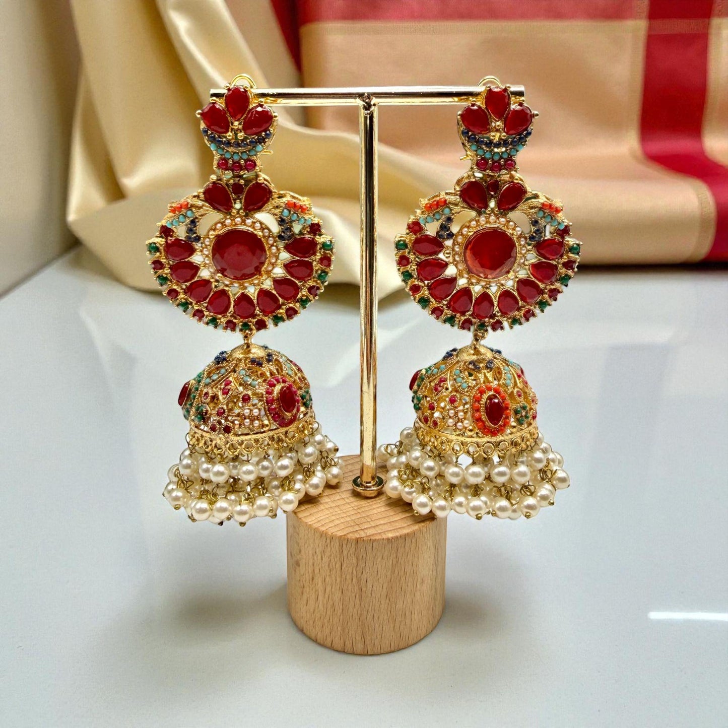 Red Jadao Jhumka Earrings | Gold Plated Pearl Dangle Earrings | Bridal Indian Traditional Jewelry