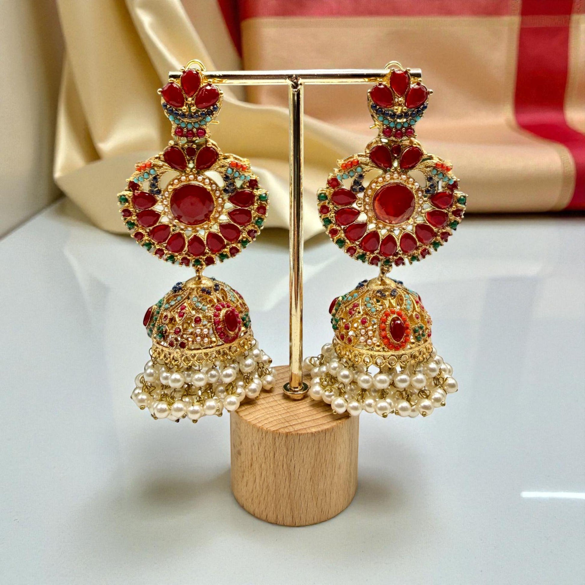 Red Jadao Jhumka Earrings | Gold Plated Pearl Dangle Earrings | Bridal Indian Traditional Jewelry