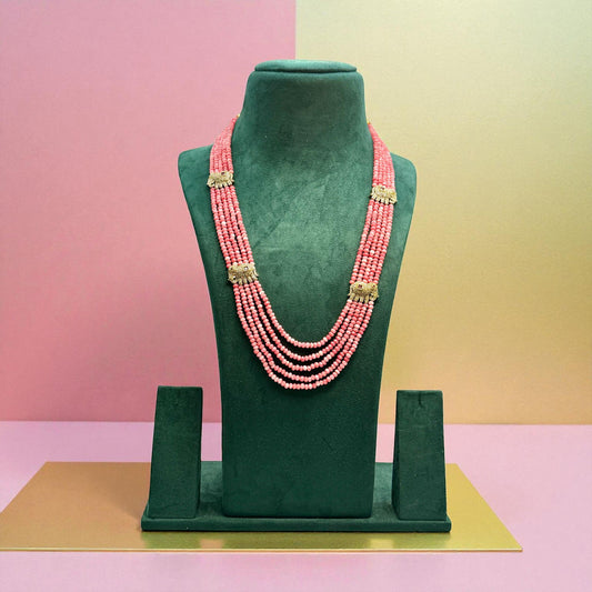 Coral Beaded Necklace | Multi-Layer Pink Bead Necklace | Handmade Gold Accent Jewelry for Women