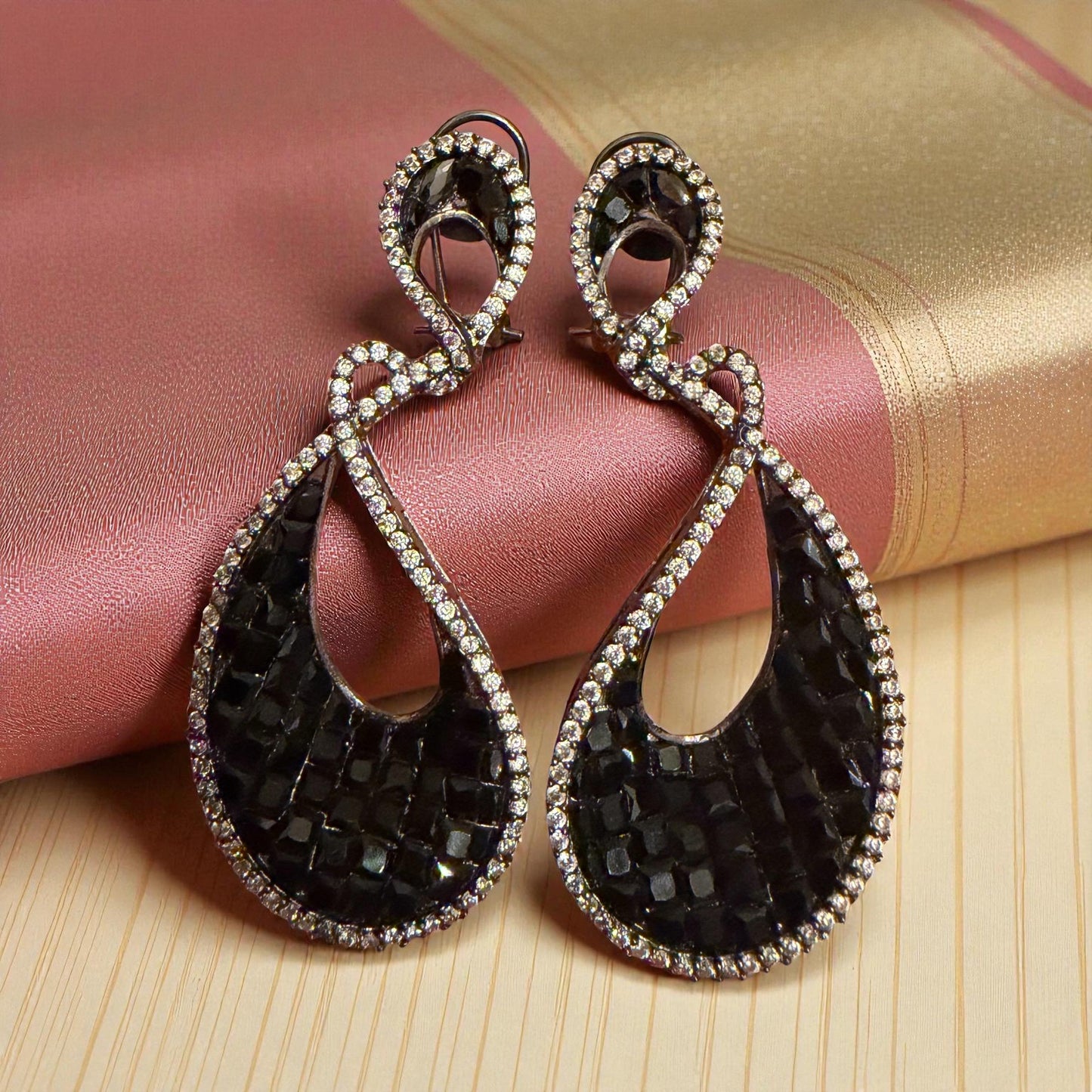 Bollywood Indian Designer  black cz Earrings with micro ad  cubic zarconia  silver  plated,Victorian