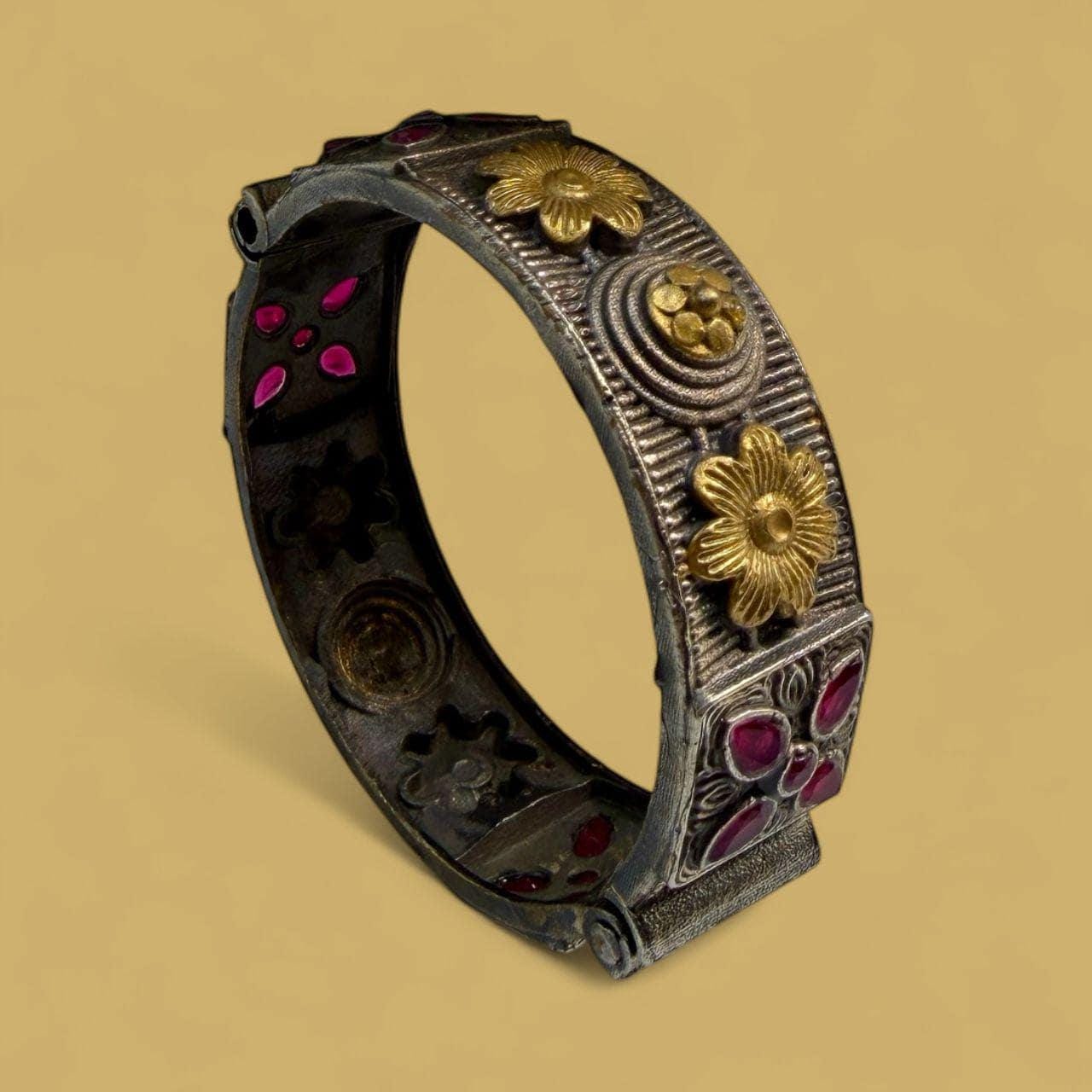 Antique Floral Bangle | Oxidized Silver Gold Bracelet | Vintage Handmade Boho Jewelry with Red Gemstones