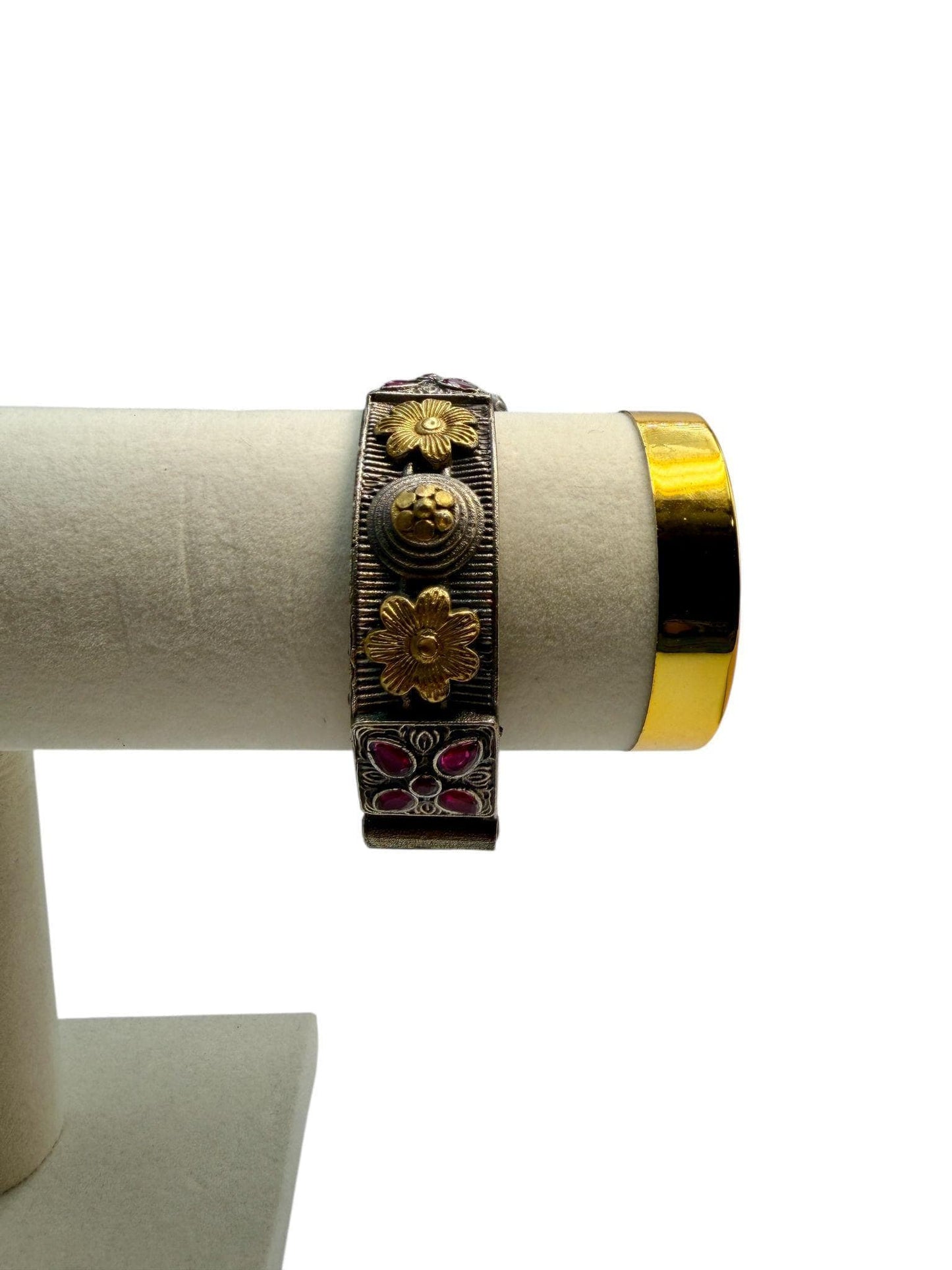 Antique Floral Bangle | Oxidized Silver Gold Bracelet | Vintage Handmade Boho Jewelry with Red Gemstones