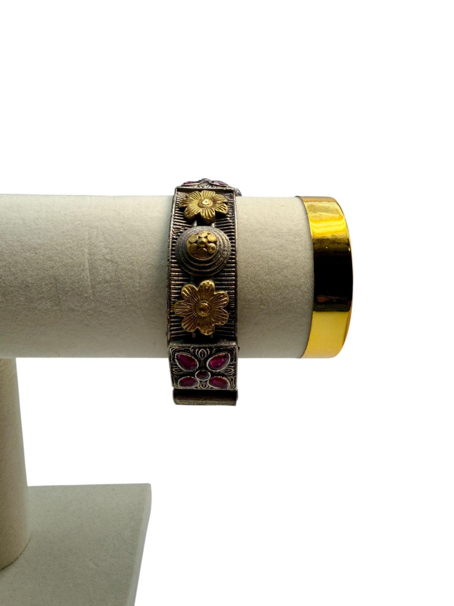 Antique Floral Bangle | Oxidized Silver Gold Bracelet | Vintage Handmade Boho Jewelry with Red Gemstones