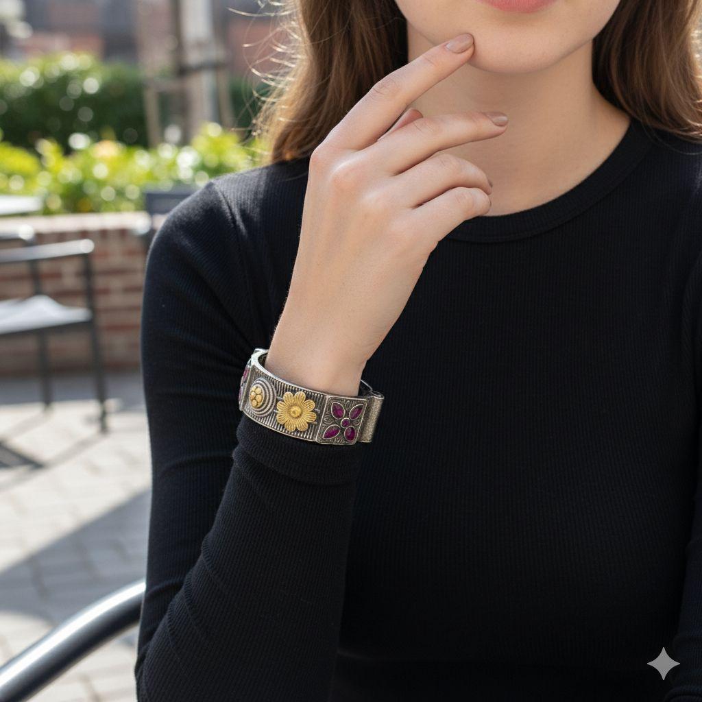 Antique Floral Bangle | Oxidized Silver Gold Bracelet | Vintage Handmade Boho Jewelry with Red Gemstones