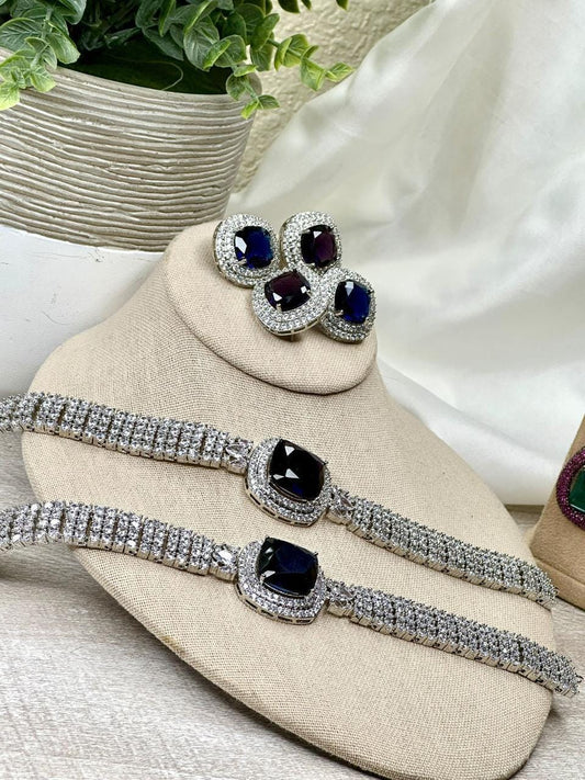 Majestic Sapphire & Diamond Earring with Bangle Set Silver Tone