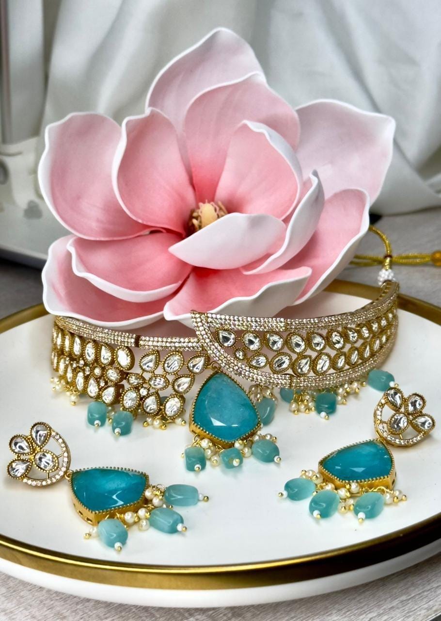 Elegant Turquoise and Diamond Bangle and Earring Set Gold Plated