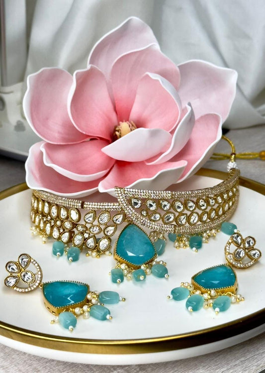 Elegant Turquoise and Diamond Bangle and Earring Set Gold Plated
