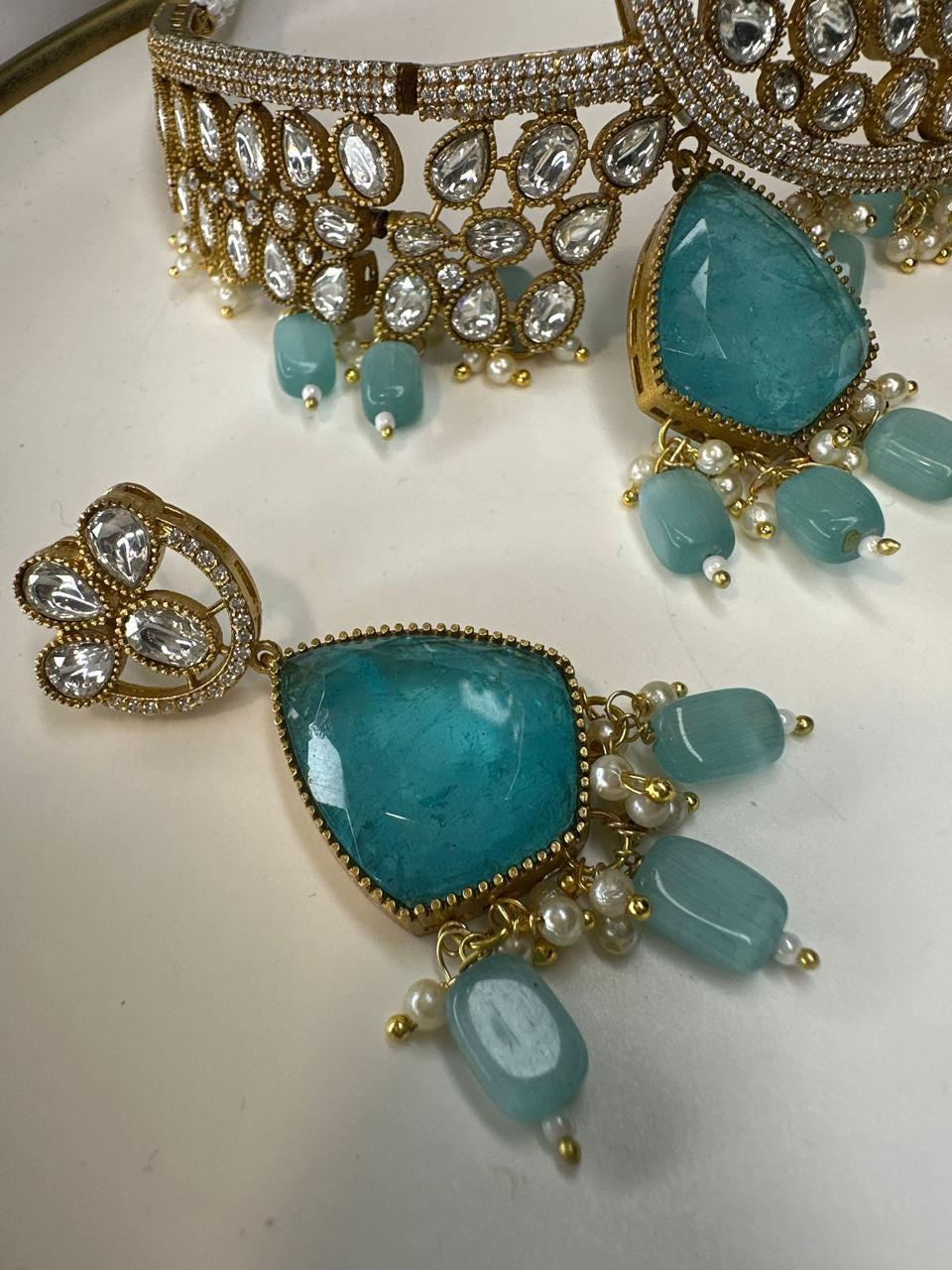 Elegant Turquoise and Diamond Bangle and Earring Set Gold Plated