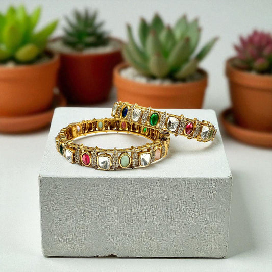 Gold Plated Kundan Bangle Set with CZ Stones
