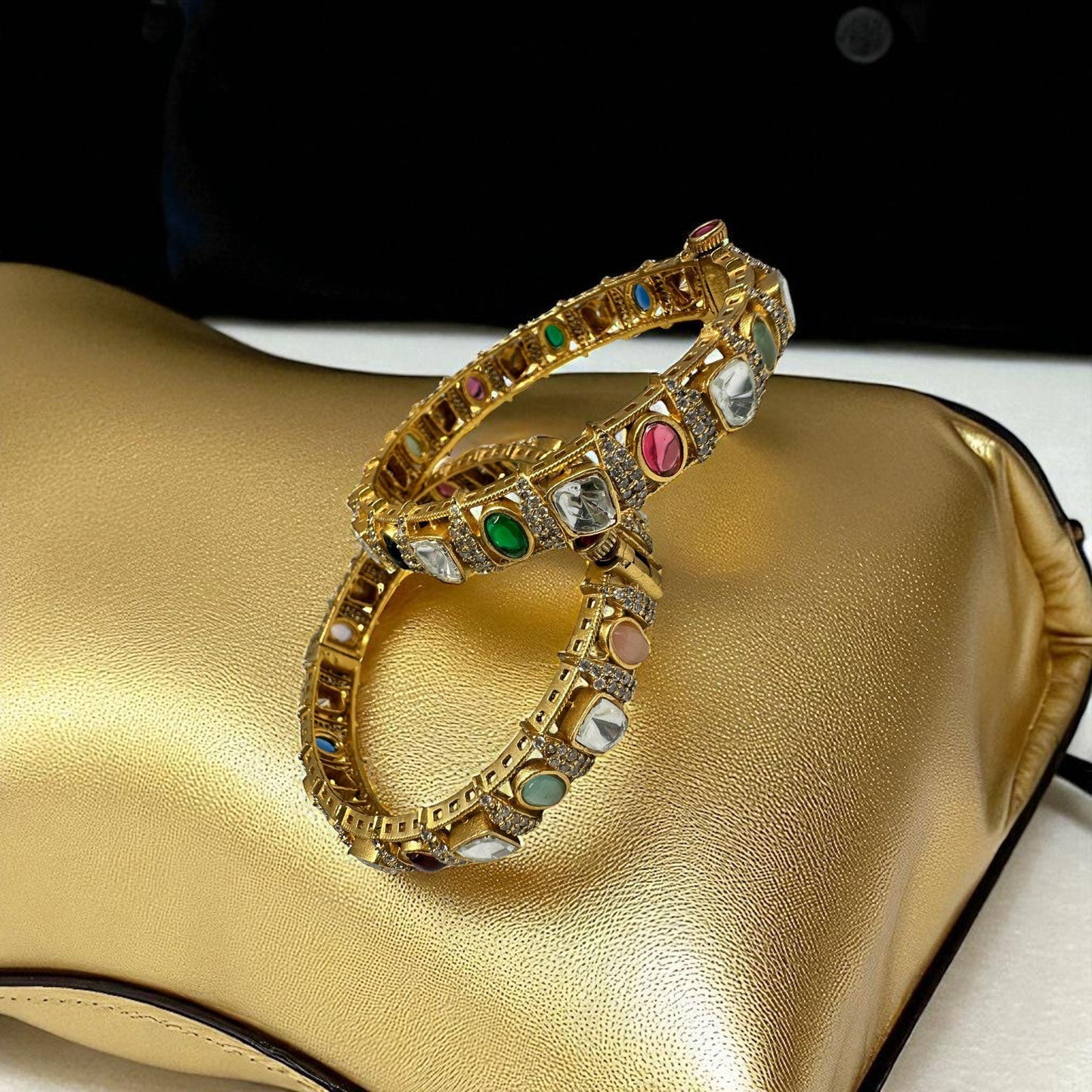 Gold Plated Kundan Bangle Set with CZ Stones