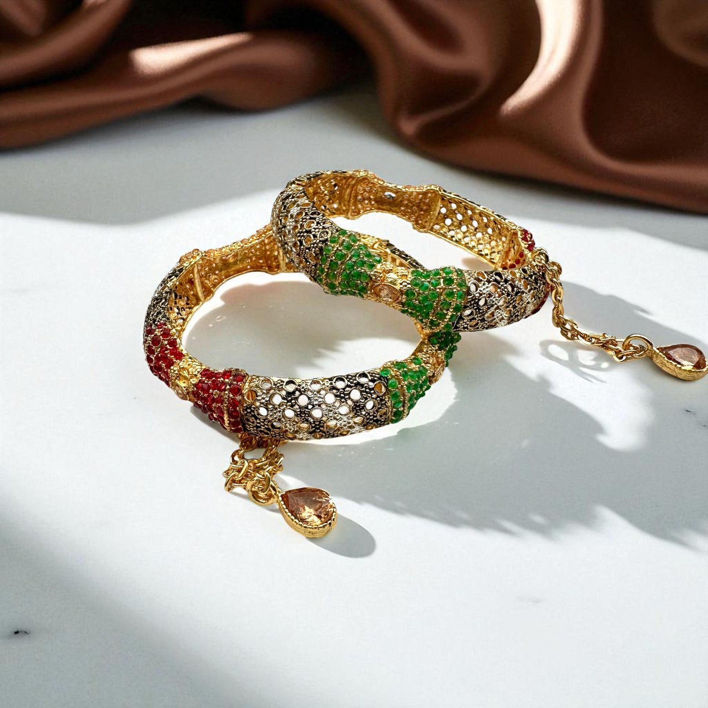 Jada Nauratan Kada Set Openable - Exquisite Gold Bangles with Red, Green, and White Gemstones