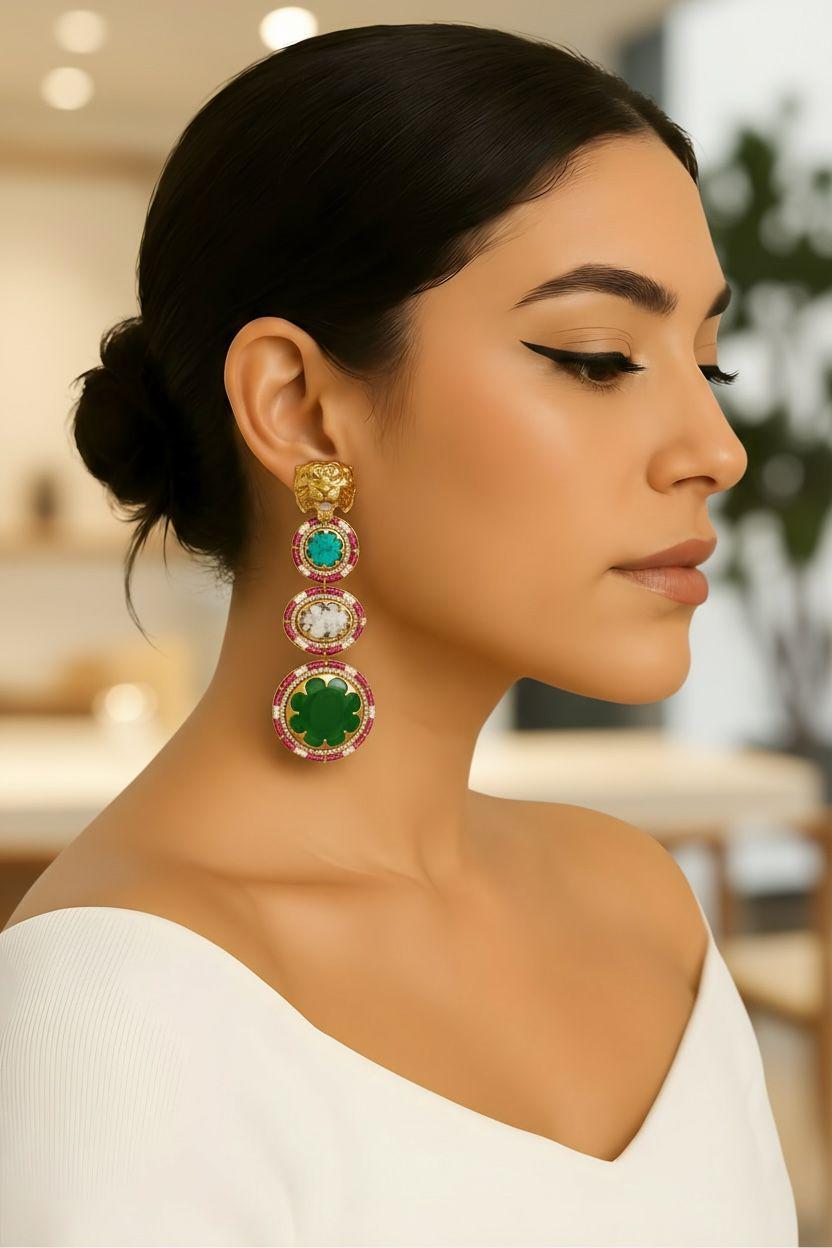 Luxury emerald color Stone Earrings | Gold-Tone Statement Jewelry