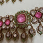 Designer high end Gold-Plated monzonite Necklace Earring Set, pink double Stones & mint stones.