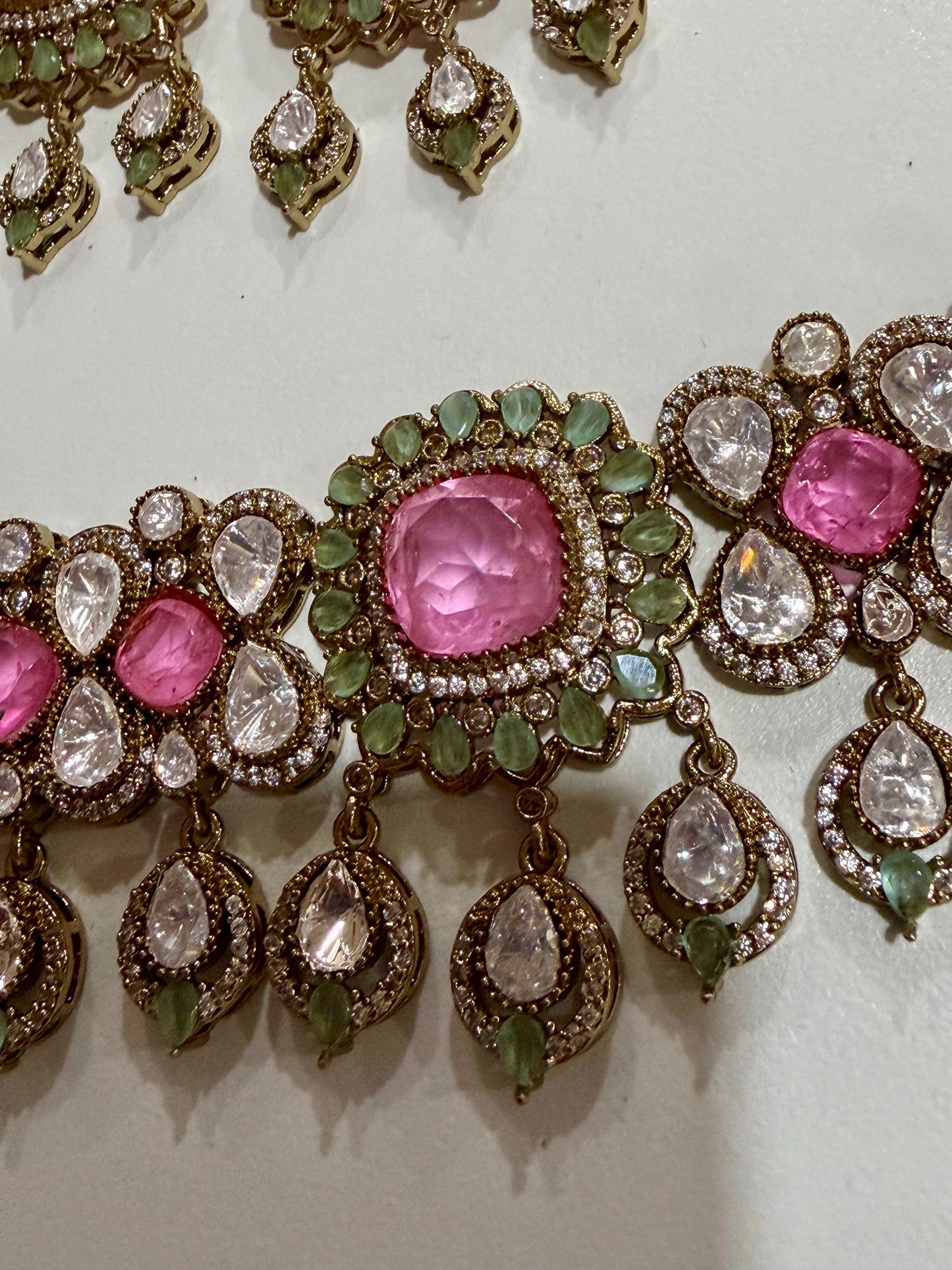 Designer high end Gold-Plated monzonite Necklace Earring Set, pink double Stones & mint stones.