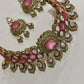 Designer high end Gold-Plated monzonite Necklace Earring Set, pink double Stones & mint stones.