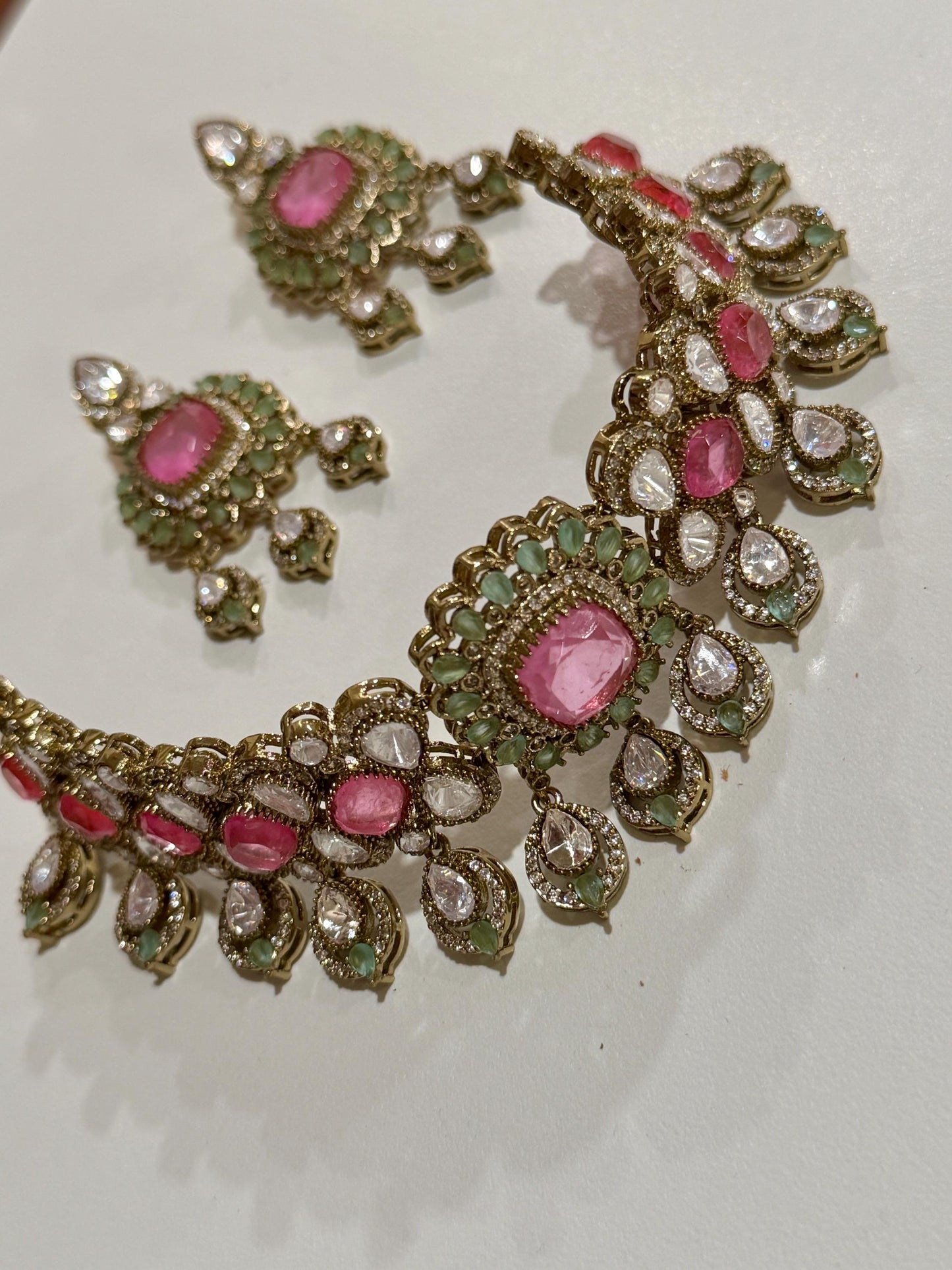 Designer high end Gold-Plated monzonite Necklace Earring Set, pink double Stones & mint stones.