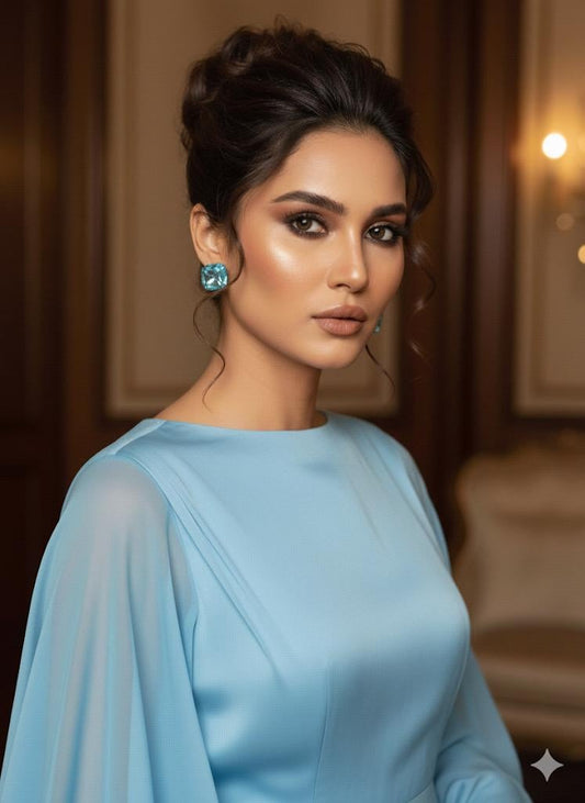 Aqua Cushion-Cut Crystal Stud Earrings | Silver Tone, Handmade