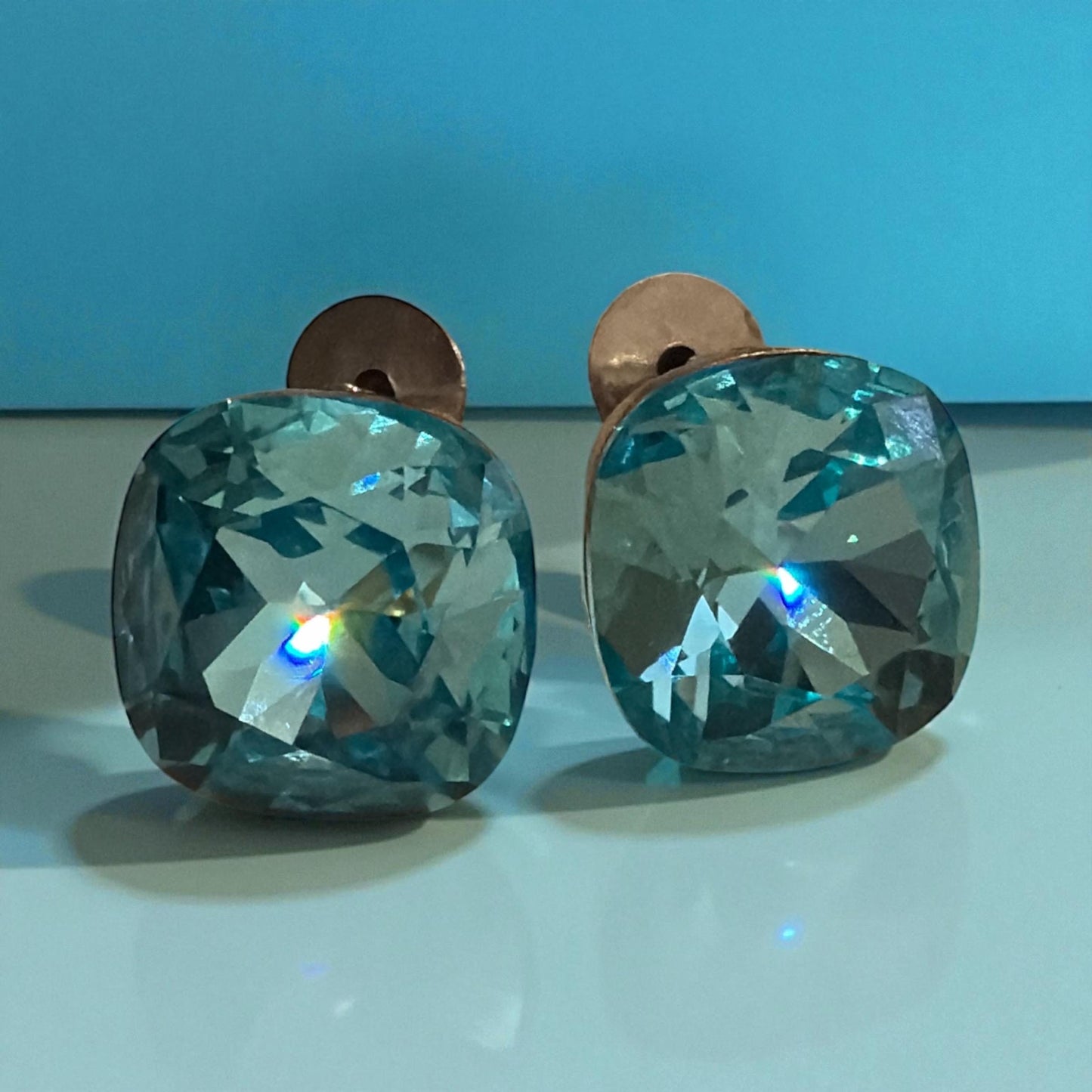 Aqua Cushion-Cut Crystal Stud Earrings | Silver Tone, Handmade