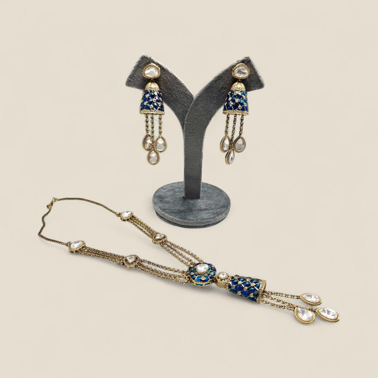 Royal Blue Kundan Necklace Set | Enamel Long Chain Jewelry | Handmade Indian designer Set monzonite