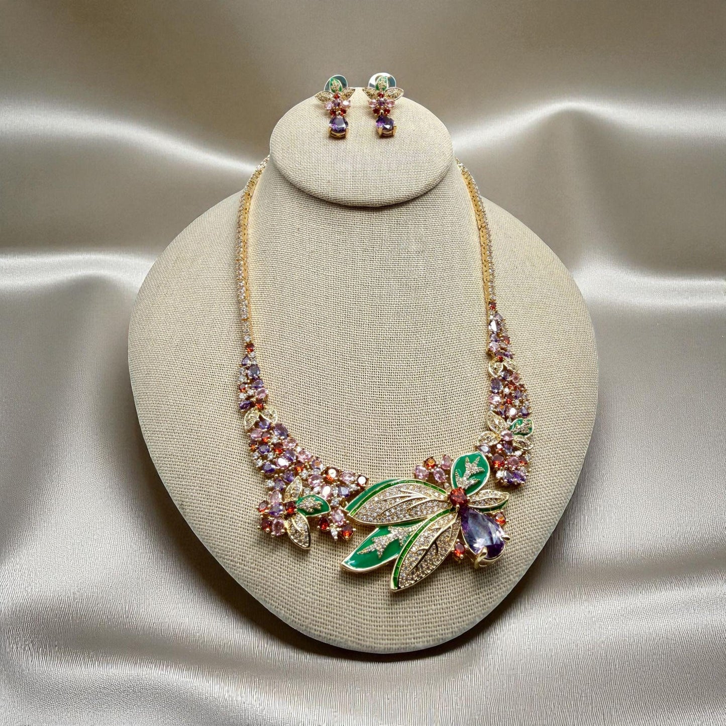 Floral Statement Necklace Set | Multicolor Cz stones enameled designer Jewelry | Handmade Bridal Choker & Earrings