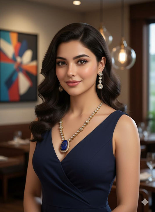 Blue Kundan Necklace Set | Handmade Bridal Jewelry | Royal Gold & Crystal Necklace with Earrings