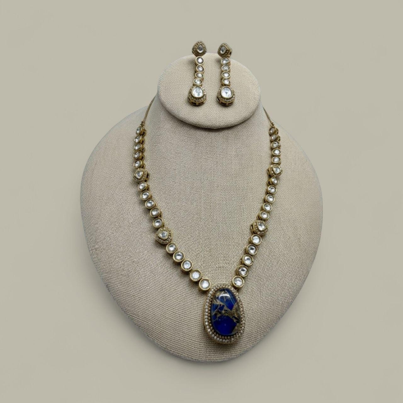 Blue Kundan Necklace Set | Handmade Bridal Jewelry | Royal Gold & Crystal Necklace with Earrings