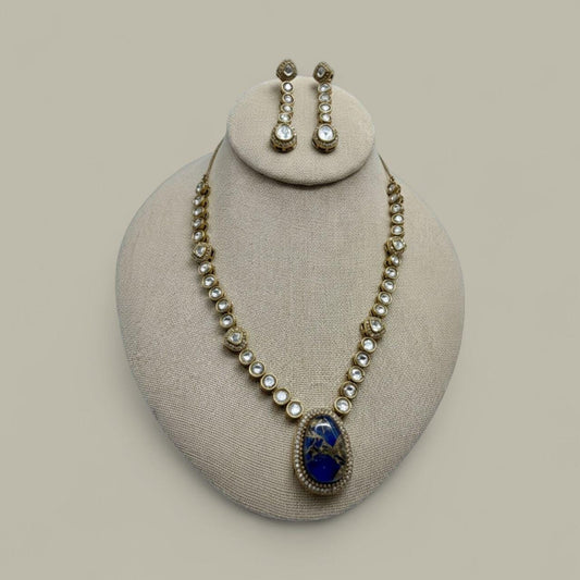Blue Kundan Necklace Set | Handmade Bridal Jewelry | Royal Gold & Crystal Necklace with Earrings