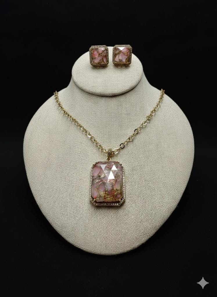 Pink Crystal Necklace Set | Handmade Gold Pendant Jewelry | Elegant Gemstone Earrings Set