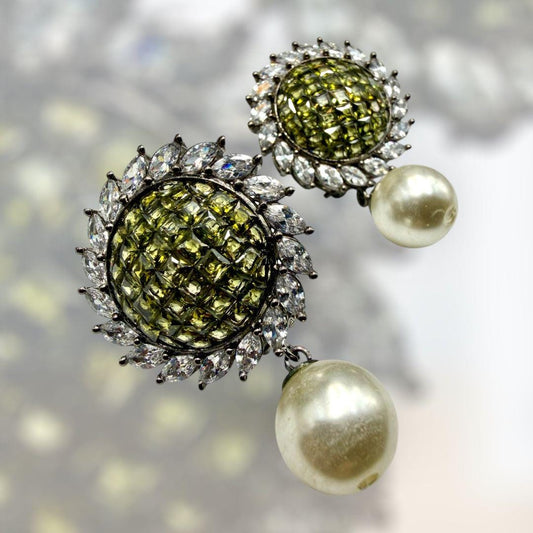 Henna  Green CZ Pearl Drop Earrings |  Statement Jewelry |  Earrings