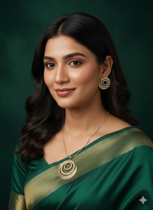 Gold Round Pendant Necklace Set | Bridal CZ Jewelry Set | Circle Necklace & Stud Earrings | Women’s Gold Plated Gift Set