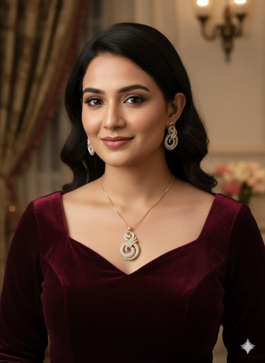 Infinity Swirl Gold Necklace Set | CZ Bridal Jewelry Set | Elegant Pendant & Earrings | Gift for Her | Party Wear Statement Jewelry