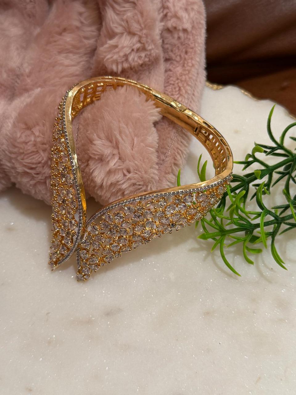 Winged Crystal Gold Bracelet | CZ Bridal Bangle | Party Wear Statement Bracelet | Adjustable Gift for Her | Luxury Fashion Jewelry