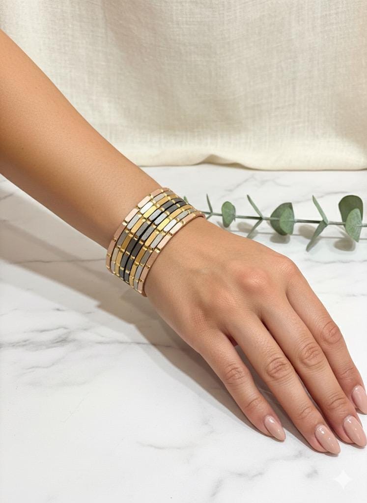 Tri-Tone Modern Metal Bracelet | Gold Silver Rose Gold Bracelet for Women | Fashion Bangle | Gift for Her
