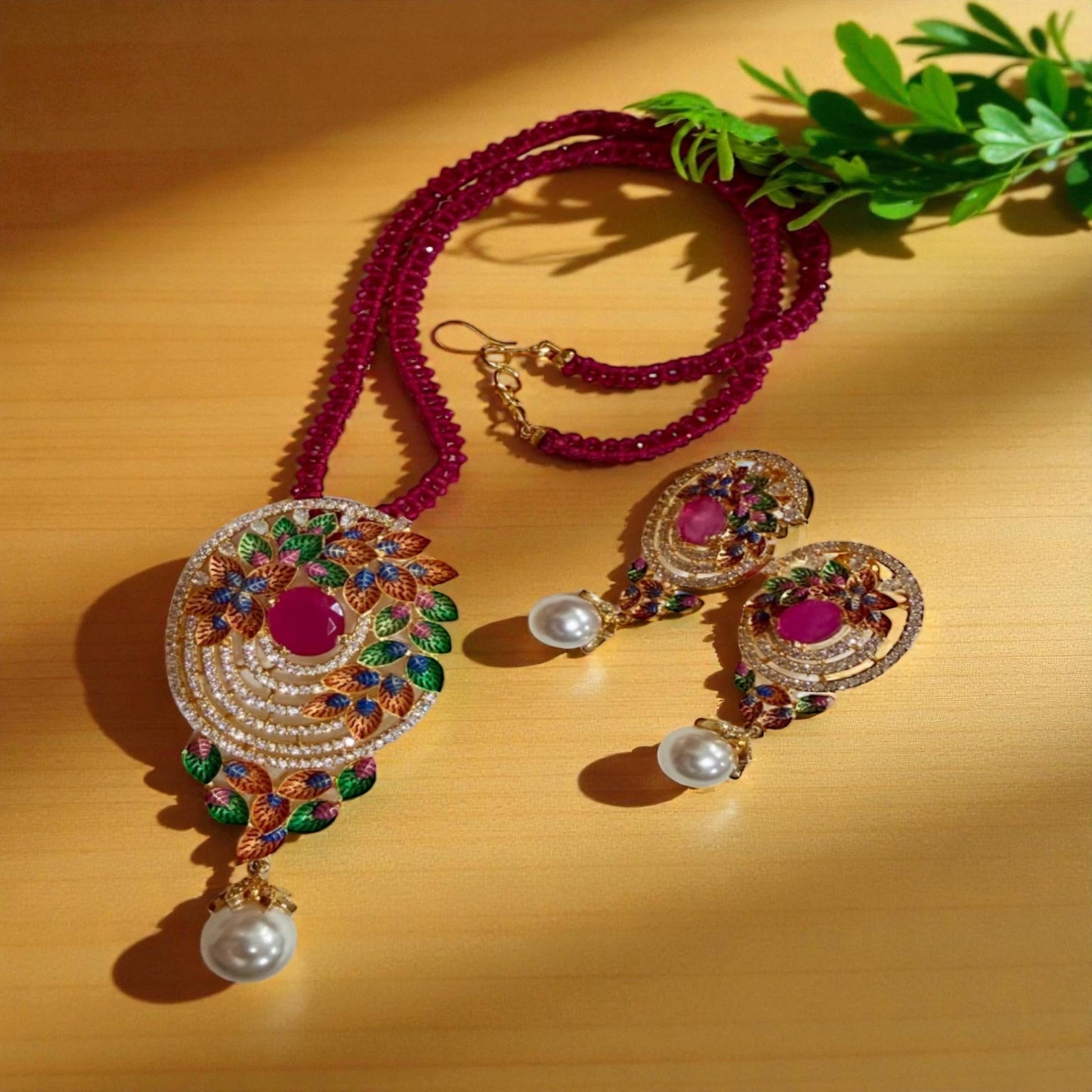 Peacock Style Ruby Pearl Necklace Set | Indian Bridal Jewelry | Kundan Enamel Pendant with Earrings | Festive Wedding Jewelry Gift for Her