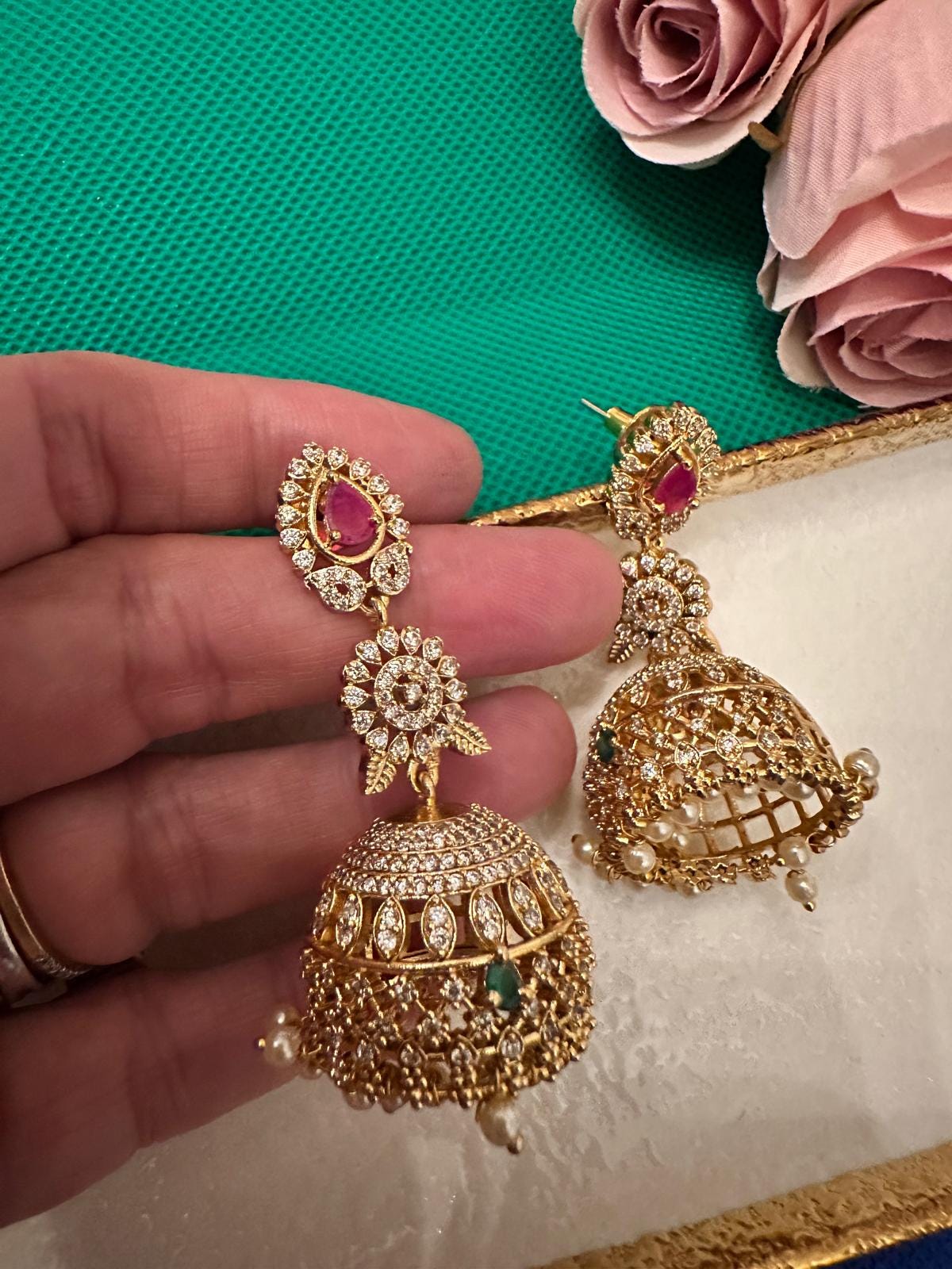 Gold-Tone Jhumka Earrings: Bollywood Style with Rubies & Pearls