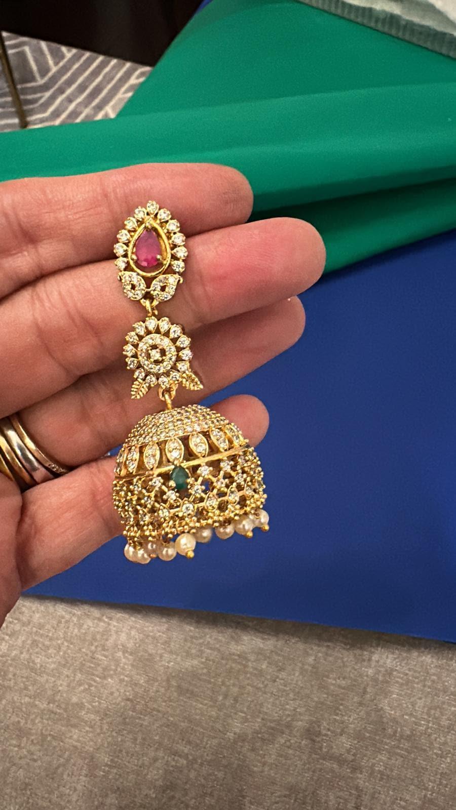 Gold-Tone Jhumka Earrings: Bollywood Style with Rubies & Pearls