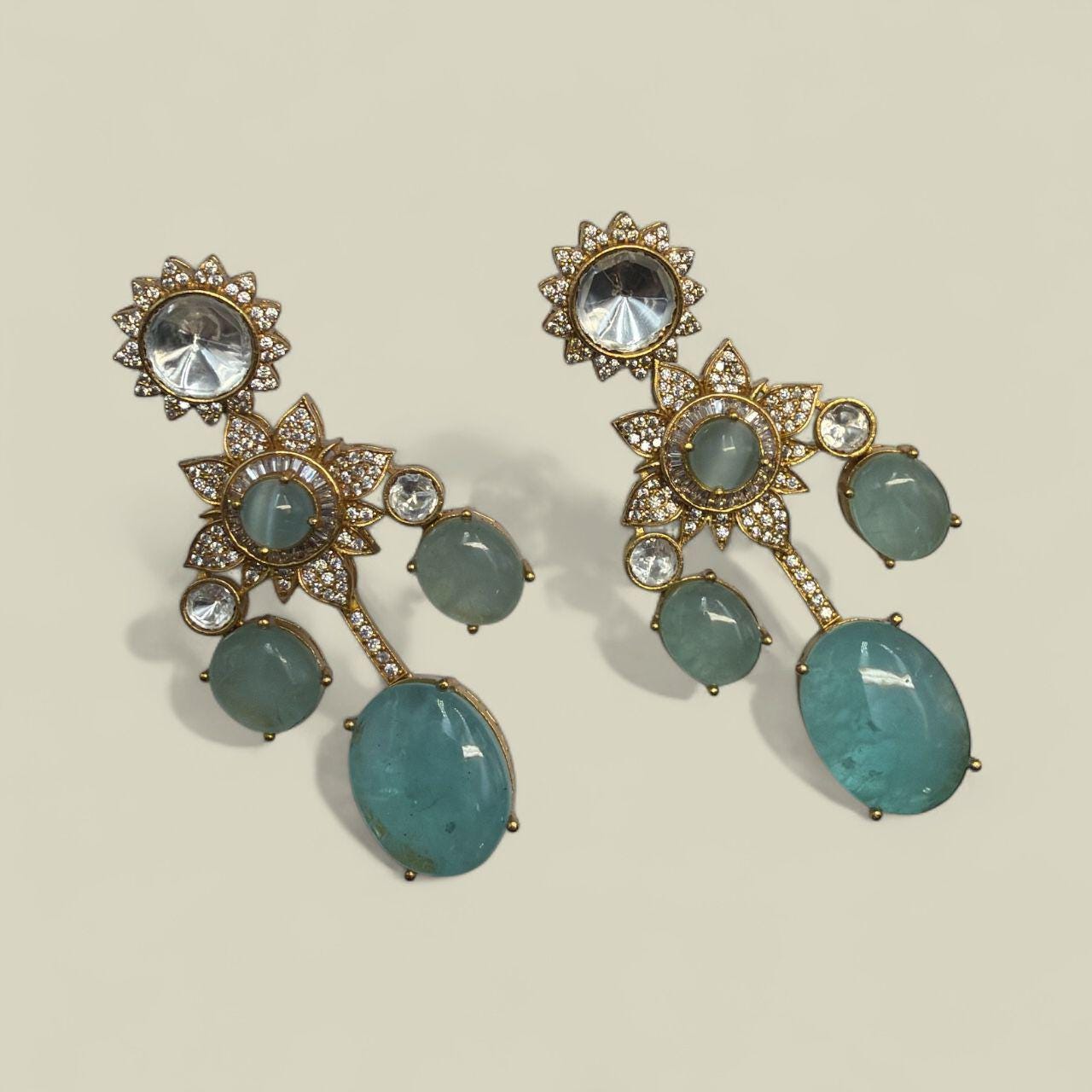 Aqua Green Cz Stone Earrings | Gold Floral Drop Earrings | Handmade Statement Jewelry