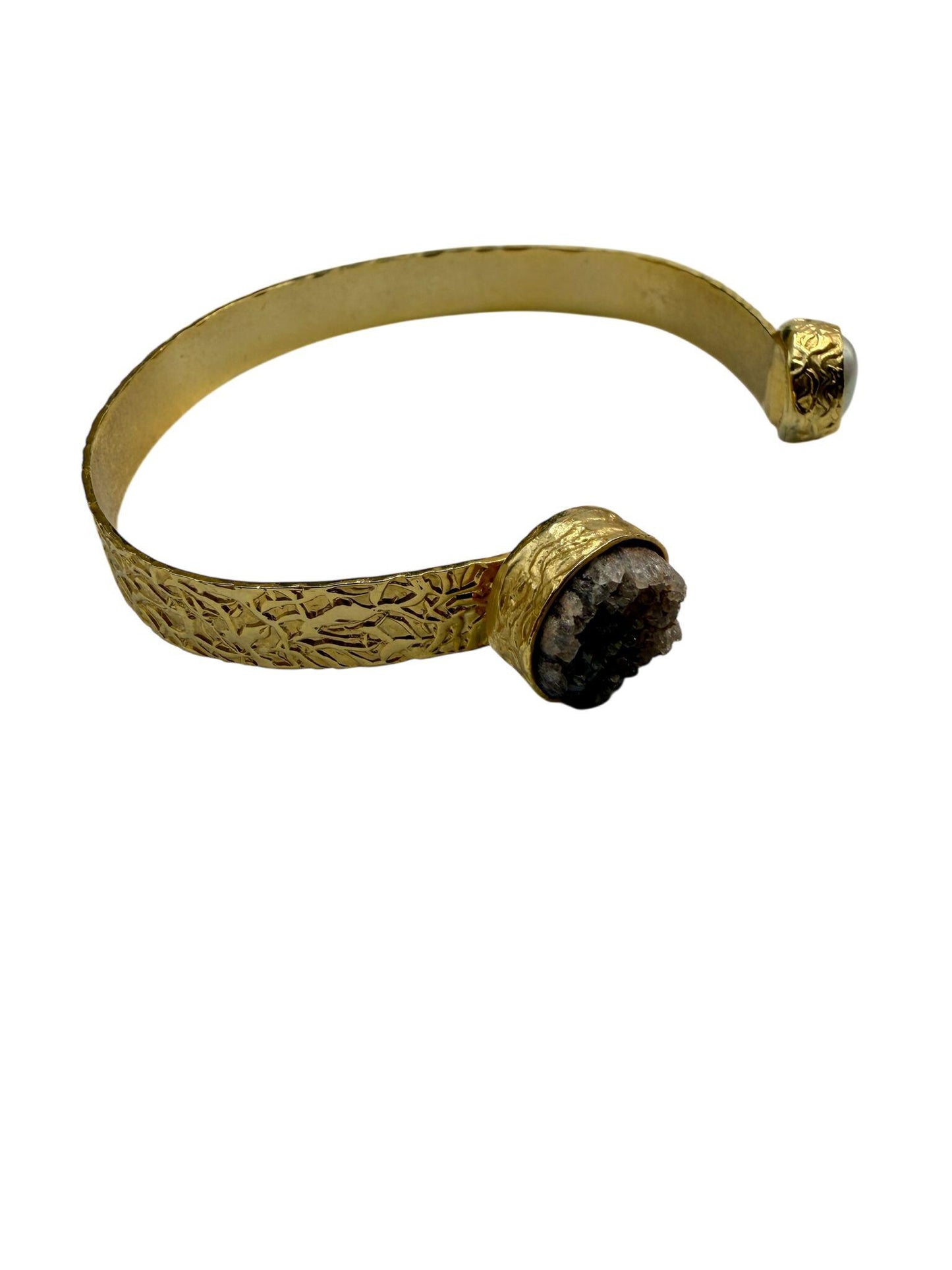 Gold Textured Open Cuff Bracelet | Raw Stone Adjustable Bangle | Handmade Boho Chic Statement Jewelry