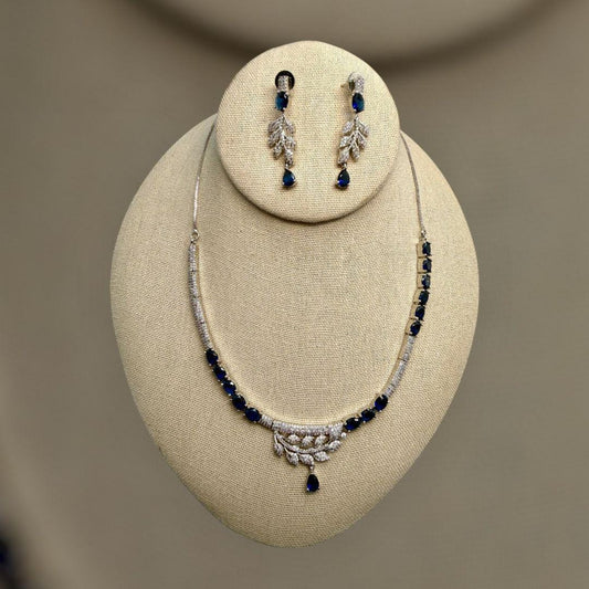 Blue Sapphire Leaf Necklace Set | Silver Plated Crystal Jewelry | Elegant Bridal Necklace & Earring Set