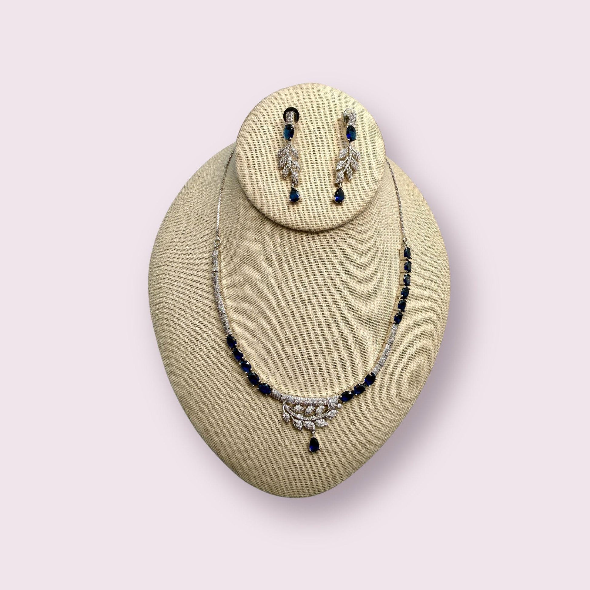 Blue Sapphire Leaf Necklace Set | Silver Plated Crystal Jewelry | Elegant Bridal Necklace & Earring Set