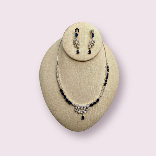 Blue Sapphire Leaf Necklace Set | Silver Plated Crystal Jewelry | Elegant Bridal Necklace & Earring Set