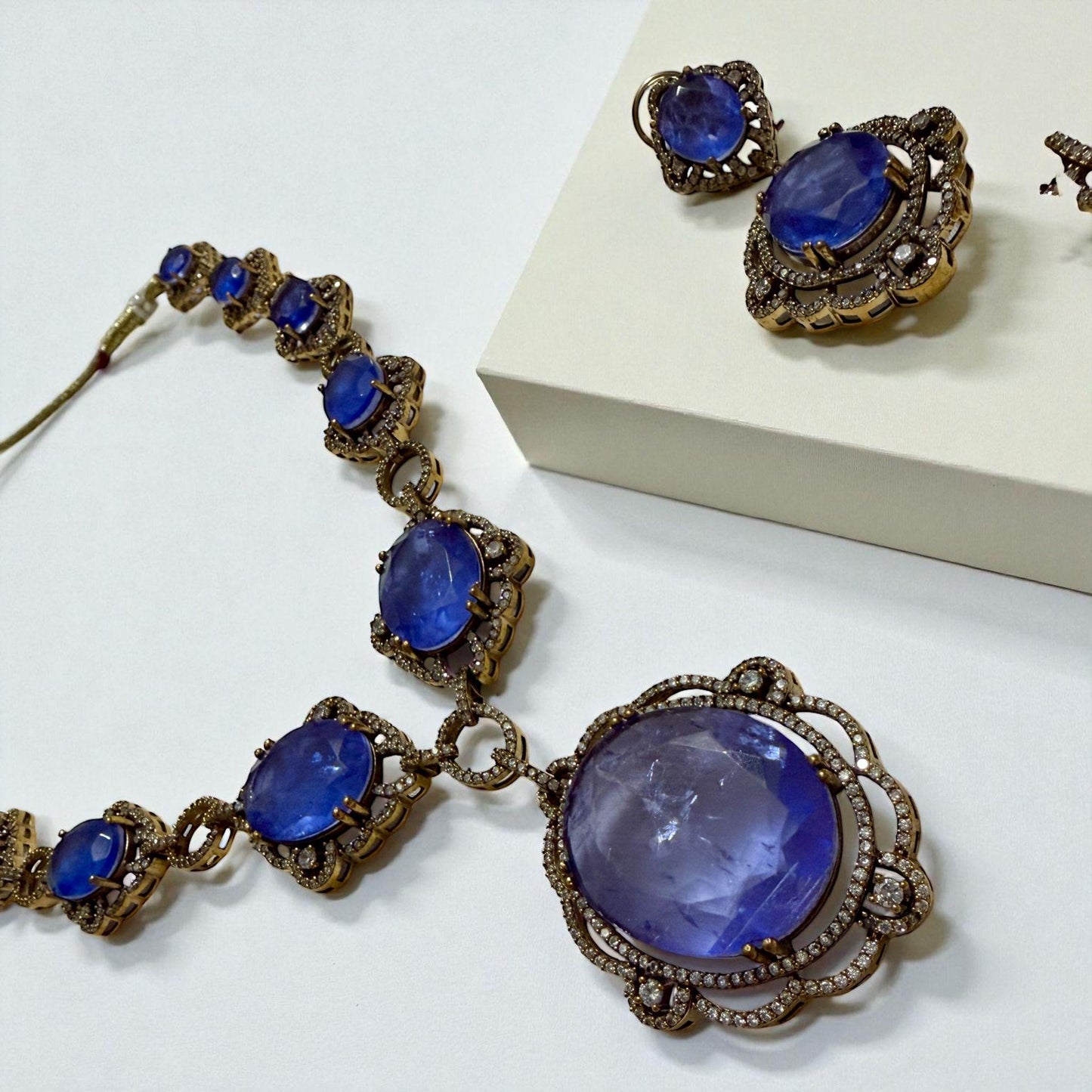 Blue Gemstone Necklace Set | Vintage Silver Jewelry | Handmade Boho Necklace & Earrings for Women