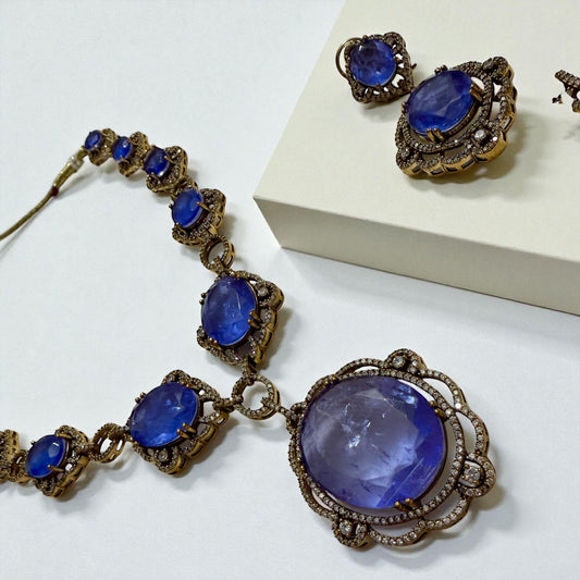 Blue Gemstone Necklace Set | Vintage Silver Jewelry | Handmade Boho Necklace & Earrings for Women