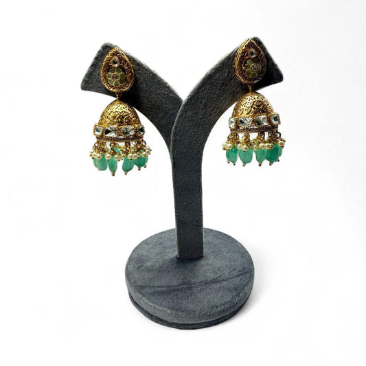 Green Gold Jhumka Earrings | Handmade Indian Jewelry | Kundan Pearl Ethnic Earrings for Women