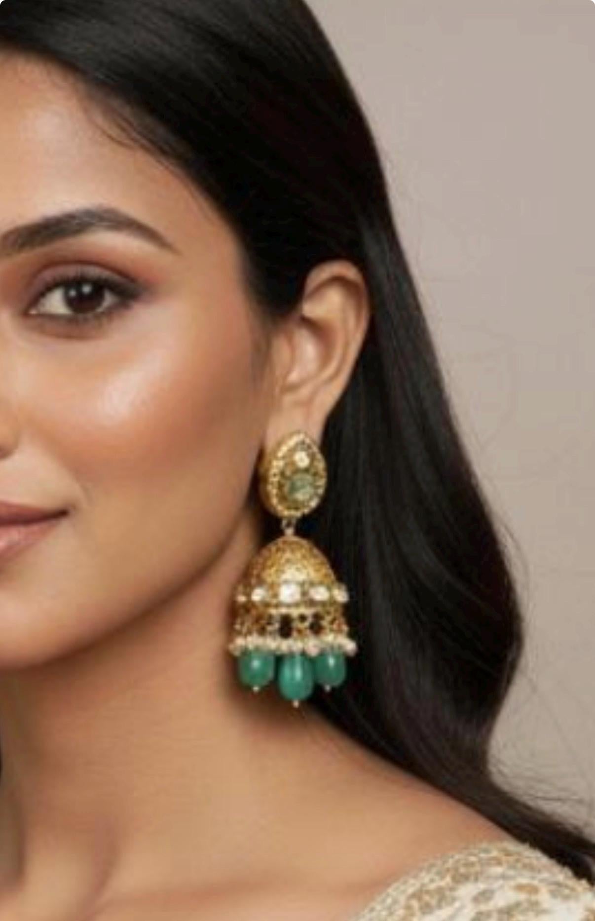 Green Gold Jhumka Earrings | Handmade Indian Jewelry | Kundan Pearl Ethnic Earrings for Women