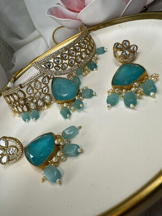 Elegant Turquoise and Diamond Bangle and Earring Set Gold Plated