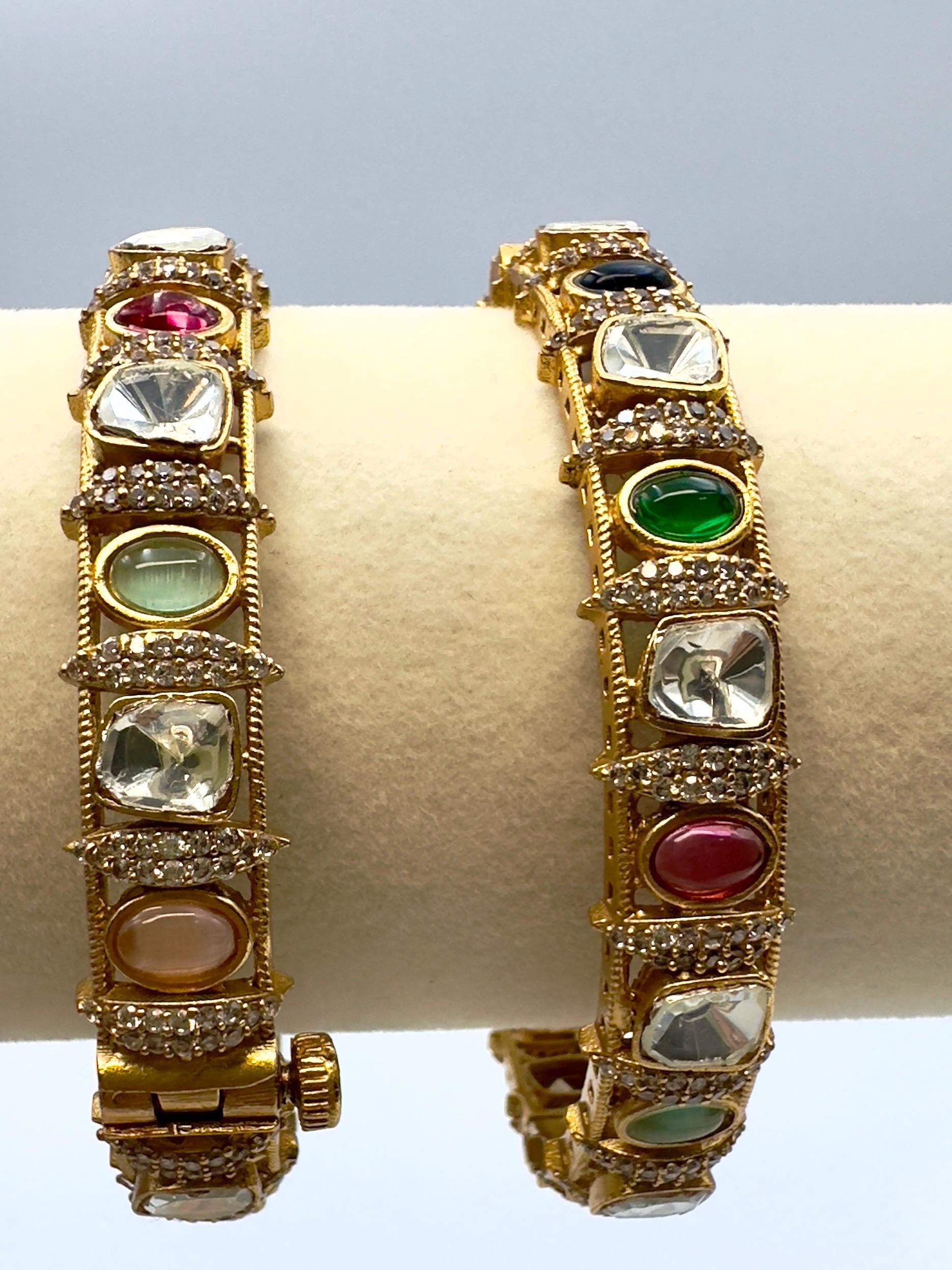 Gold Plated Bollywood Kada Bangle Set, Ruby & Emerald Stones